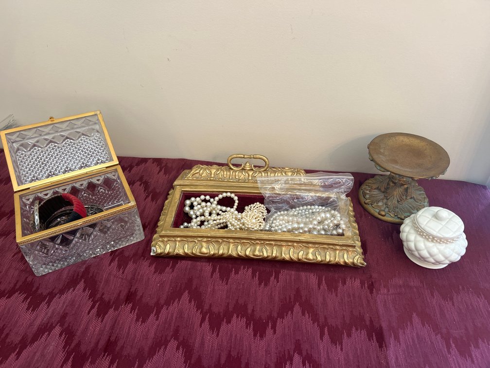 Glass Lidded Box, Jewelry, etc