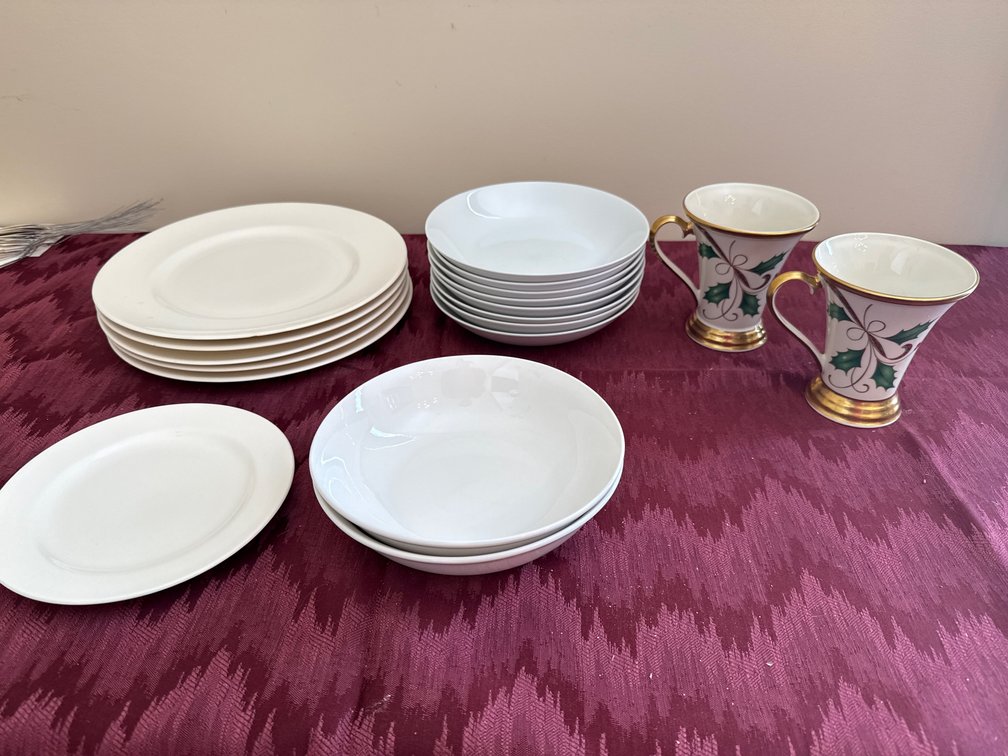 Lenox Holiday Mugs; White Plates and bowls