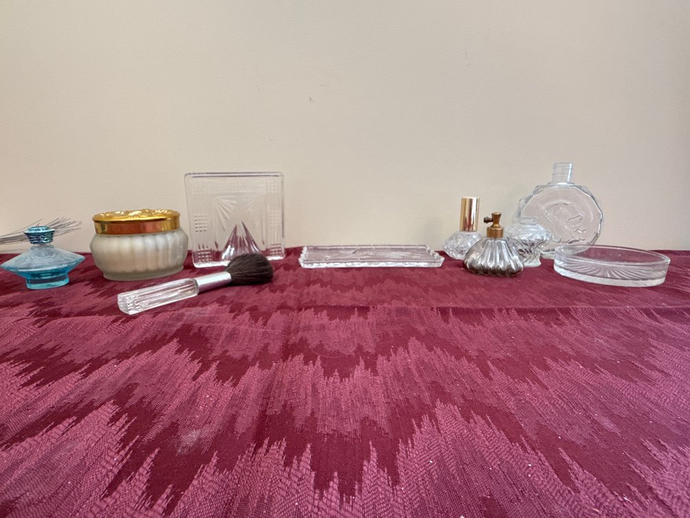 Brittney Spears Perfume Bottle; Estee Lauder Frosted Glass Powder Jar; Glass Perfume Bottles