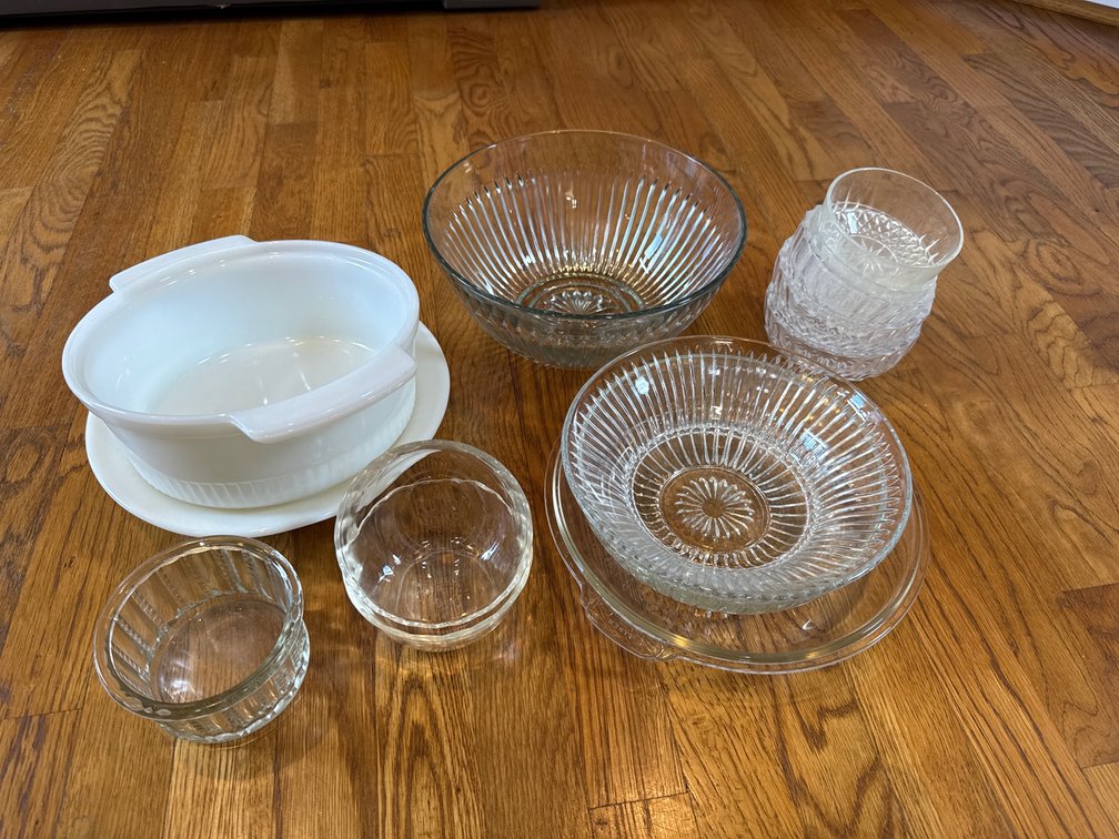 White Casserole Dish and Glass Bowls