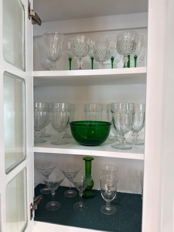 Vintage green stem wine glasses, Forest green bowl, Assortment of glasses