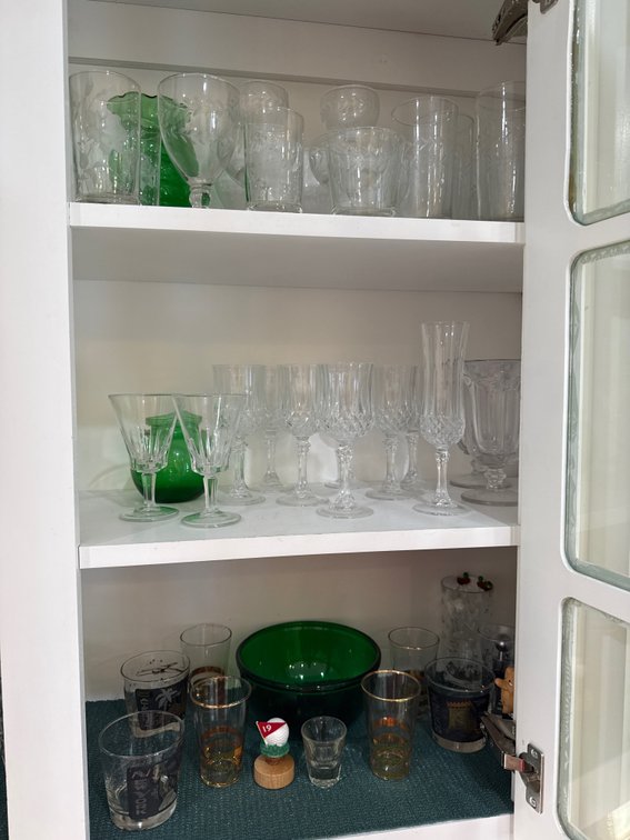 Vintage green vase, bowl, variety of cups and glasses