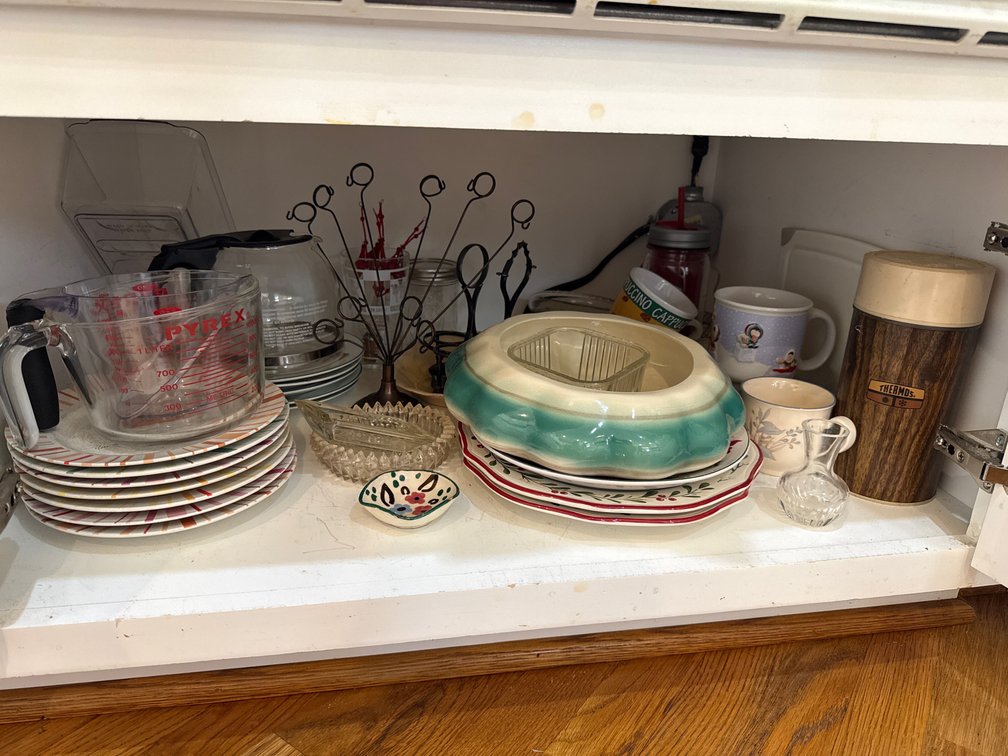 Pyrex measuring cup, Plates, Thermos, Mugs