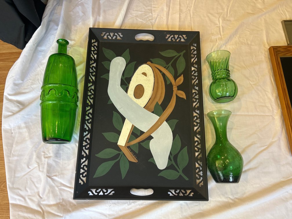 Black Decorative Serving Tray with Vintage Bottle and Vases