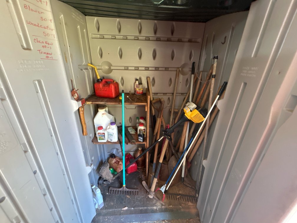 Rubbermaid Storage Container with Contents, Yard Tools, Etc