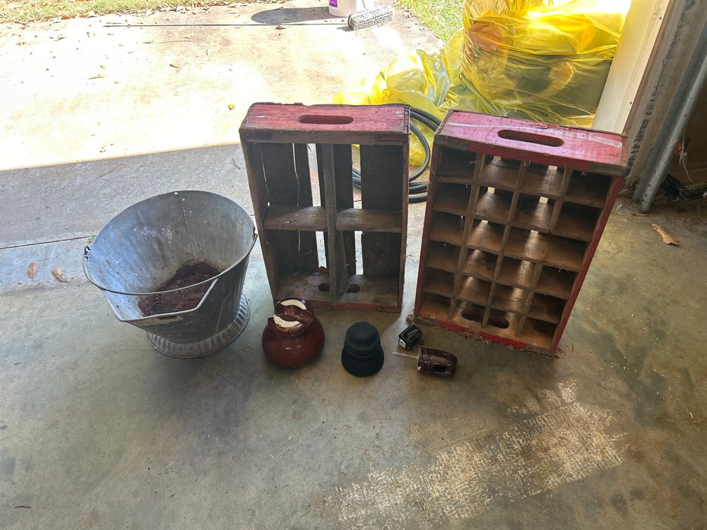 Vintage Coca-Cola Wooden Crates, Galvanized Coal Scuttle, Saddle Style Insulator