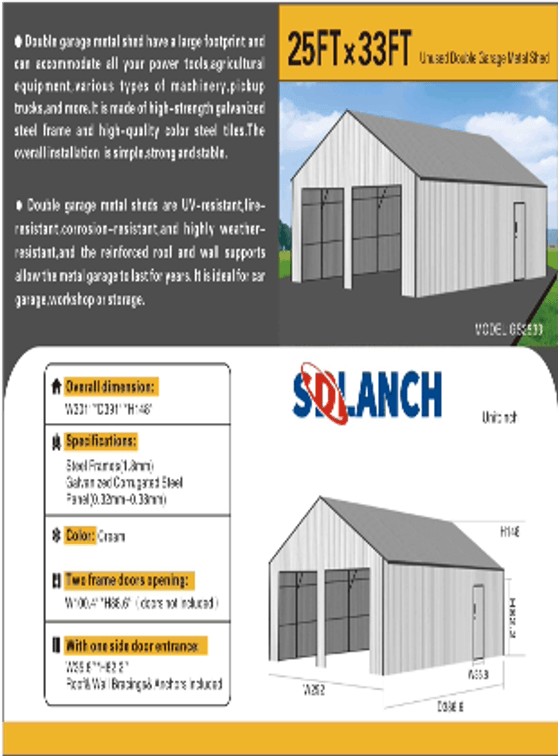 25FT x 33FT Unused Double Garage Metal Shed
