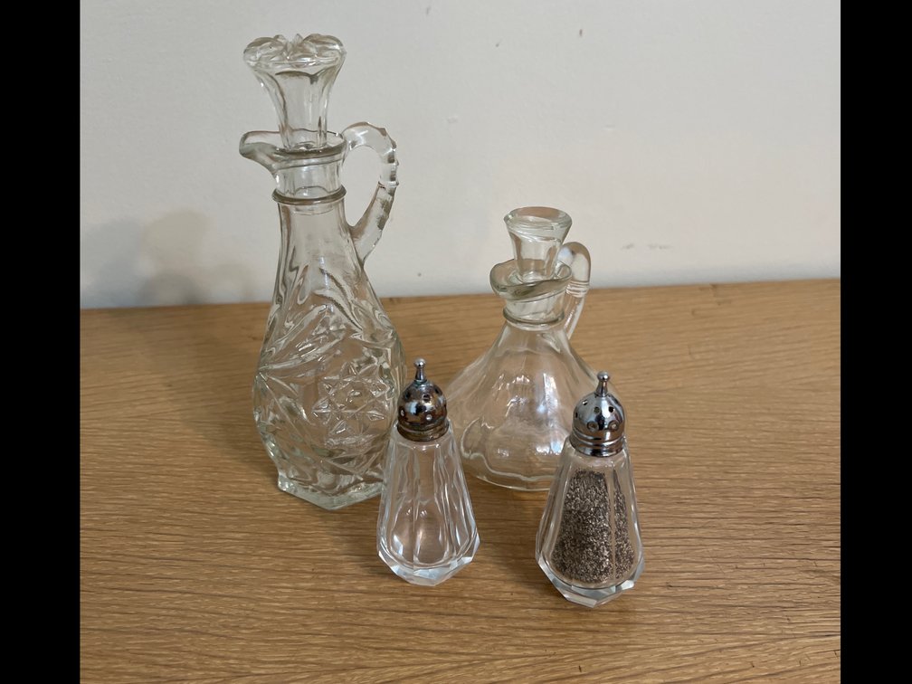 Vinegar Bottles and Salt and Pepper Shaker  