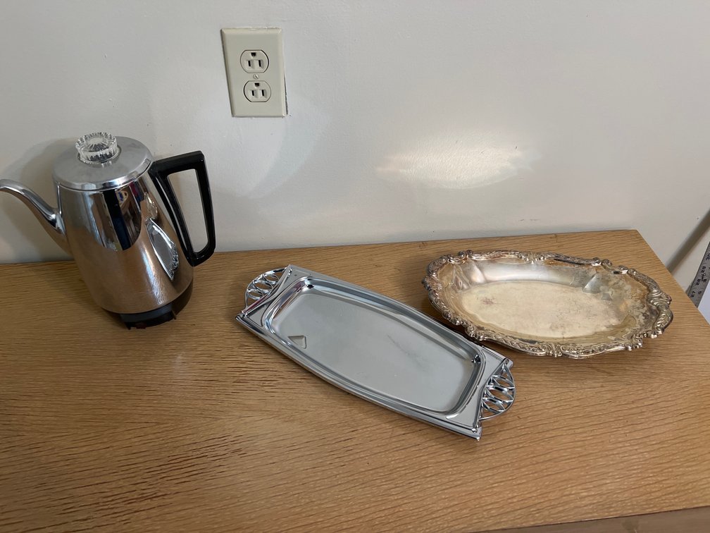 Silver Serving Platter, 1 metal Platter and Coffee Pot 