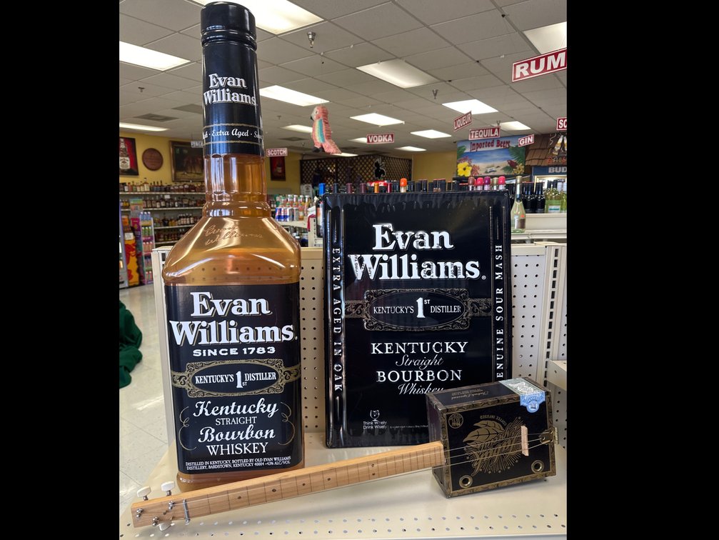 Evan Williams Plastic Bottle And Metal Sign And Cigar Box Guitar