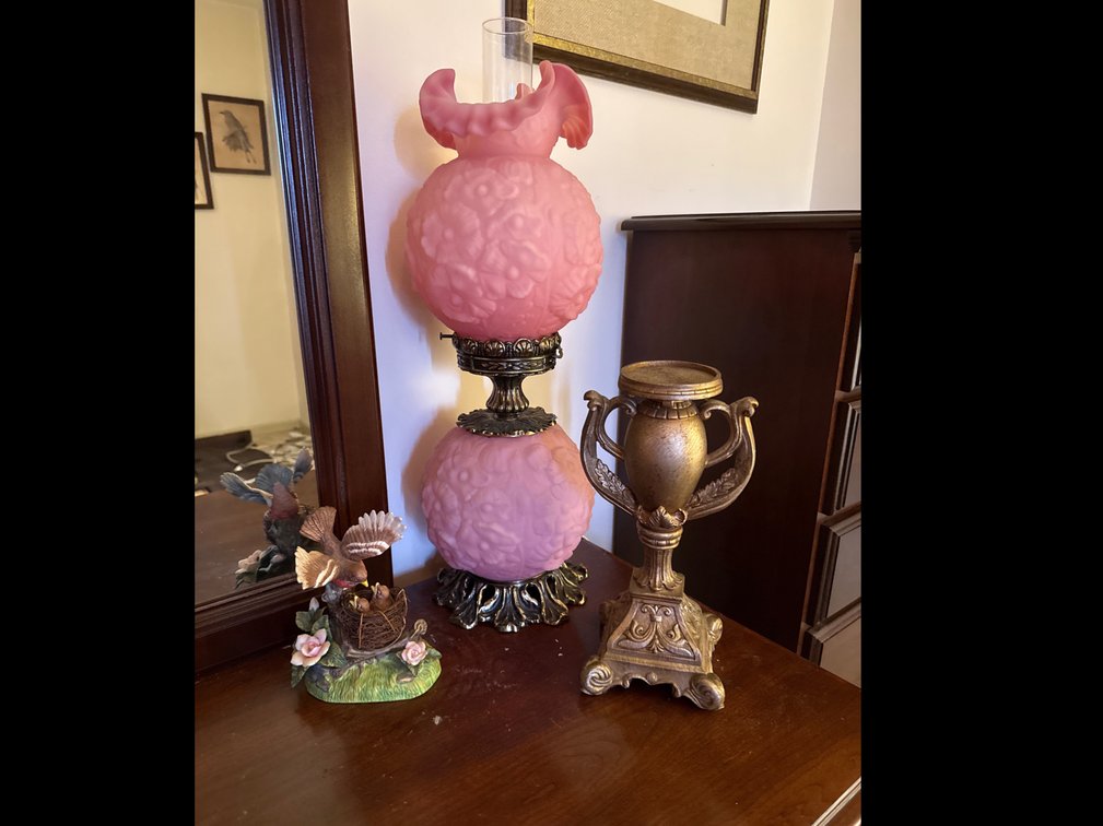 Fenton Pink Satin Custard Lamp, Bird Decoration, & Vintage Candle Stand 