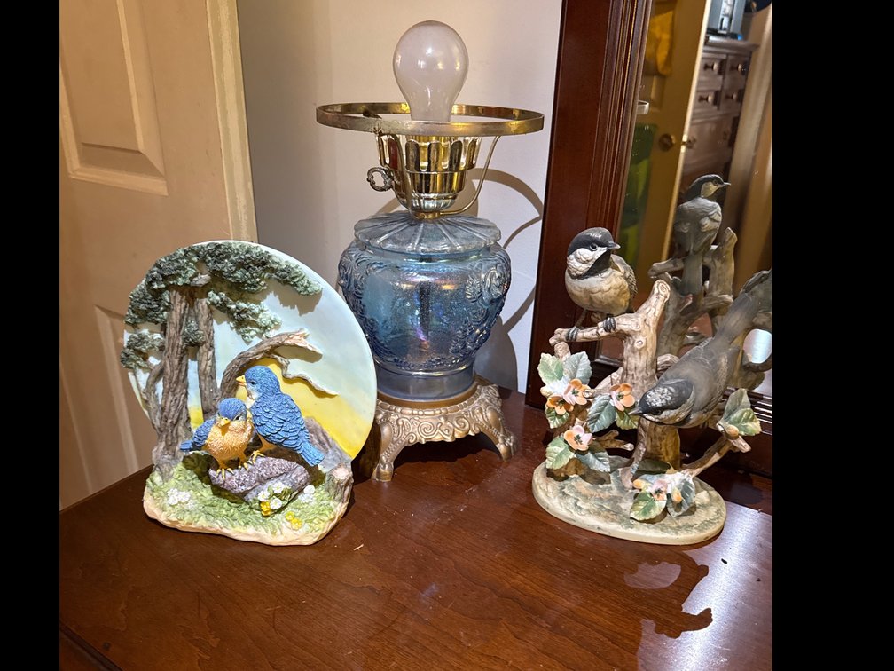 Chickadee Bird Figurine, Decoration and Vintage Blue Lamp 