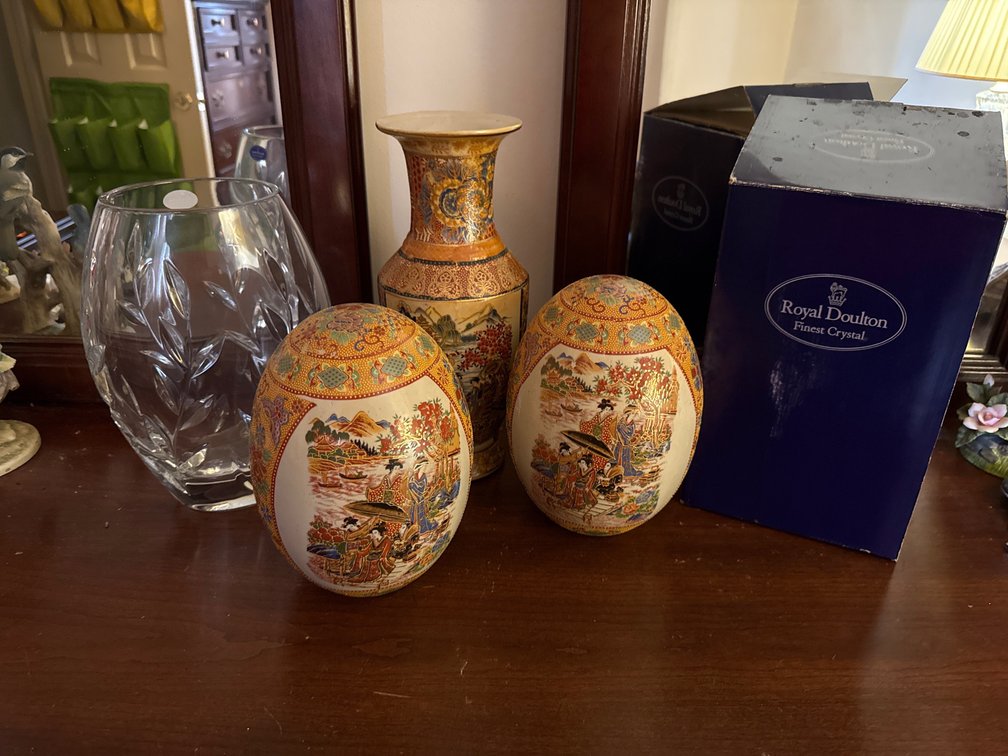 3 Satsuma Pieces and Royal Doulton Crystal Vase