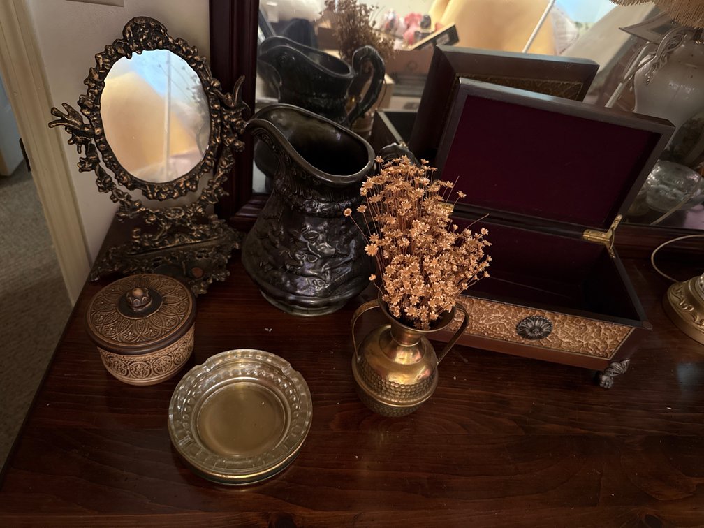 Vintage Brass Vanity Mirror, Pitcher, Small Chest, & More