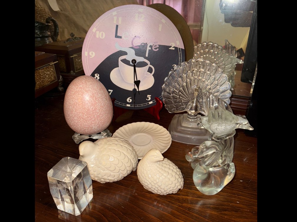 Clock, Pink Decorative Egg, and Various Bird Decor