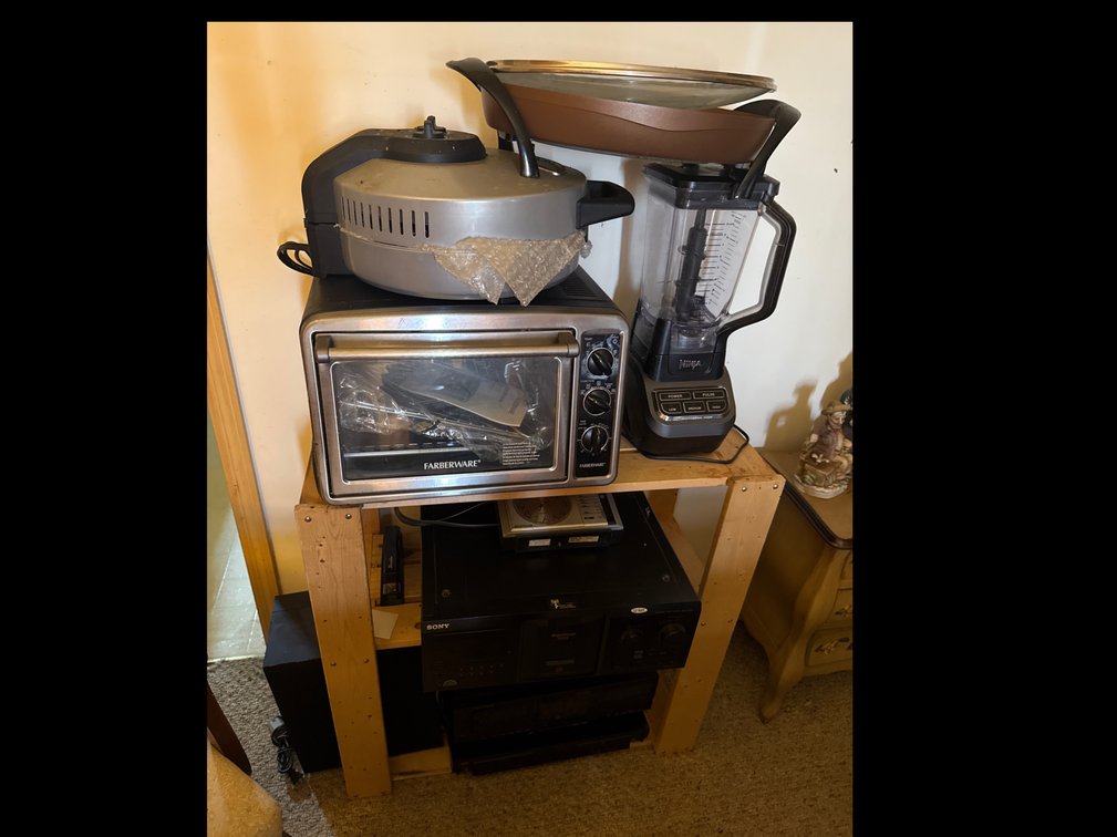 Toaster Oven, CD Player, Blender, Wooden Shelf 