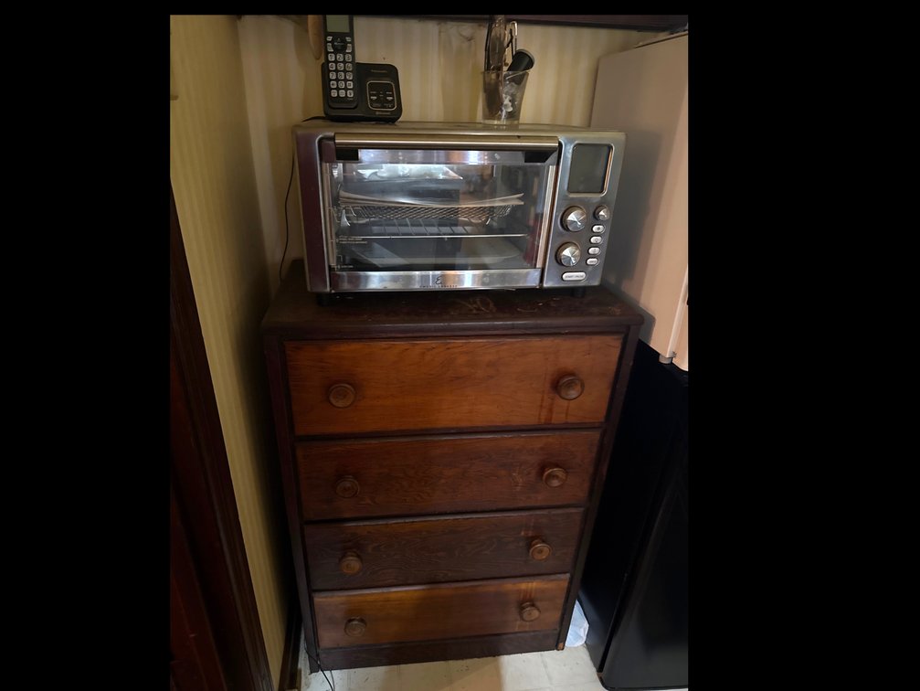 Small Storage Dresser with Toaster Oven, Etc.