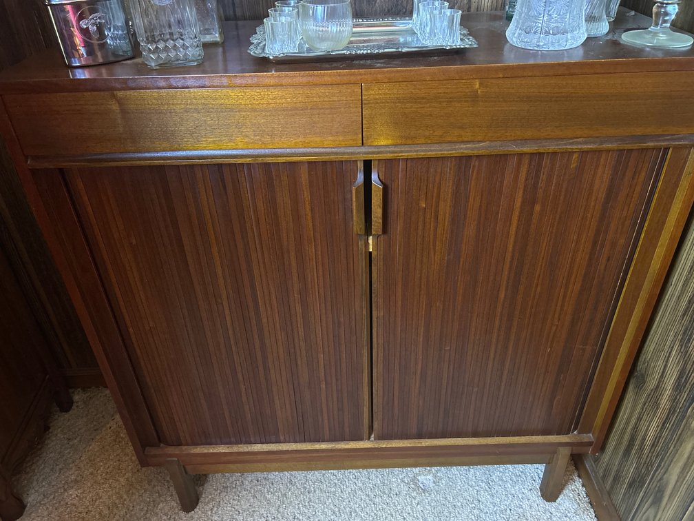 Vintage Table with Sliding Door and Storage, Contents in Drawers Included 