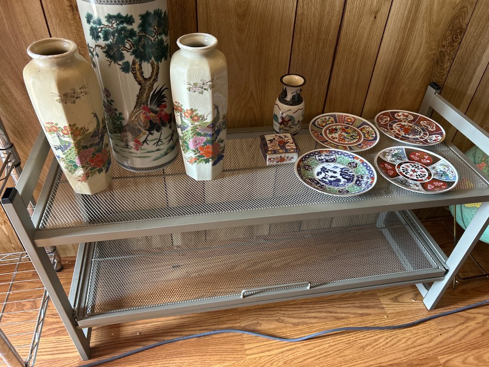 Vintage Japanese Vases, Plates and Metal Shelf 