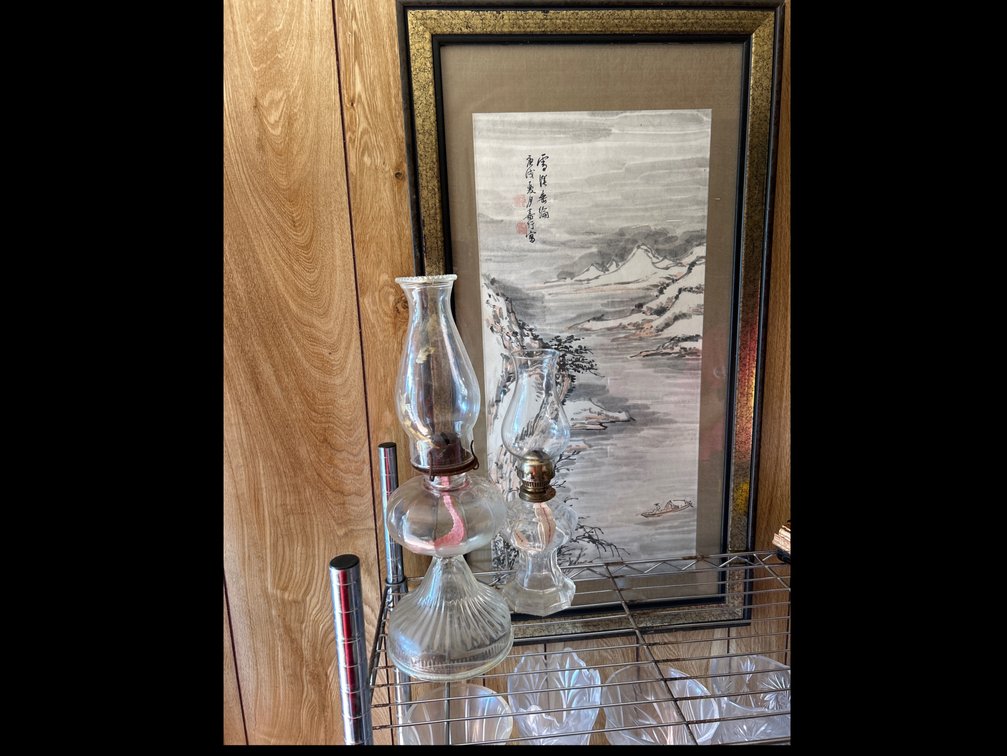 Two Vintage Glass Oil Lanterns and Picture