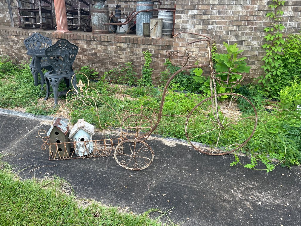 Wrought Iron Bike, Wrought Iron Hanging Flower Bed with Wooden Bird Houses 