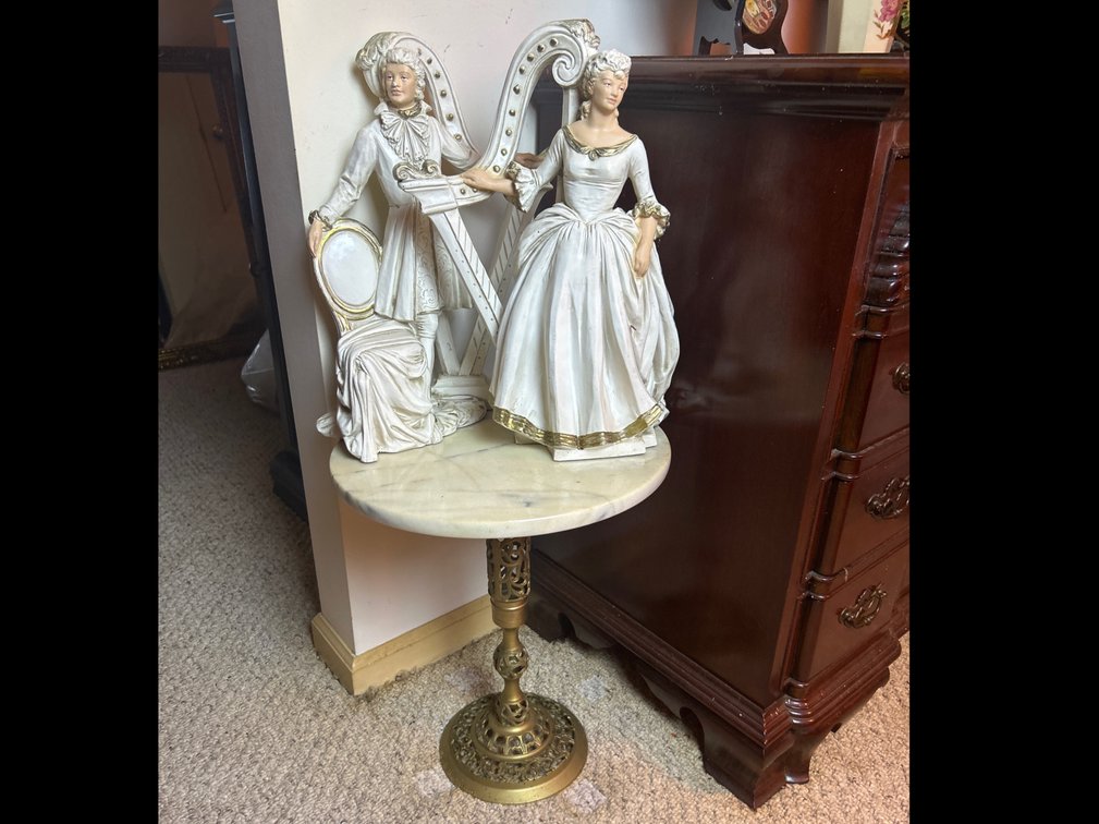 Marble Top Table with Figurines Playing Harp
