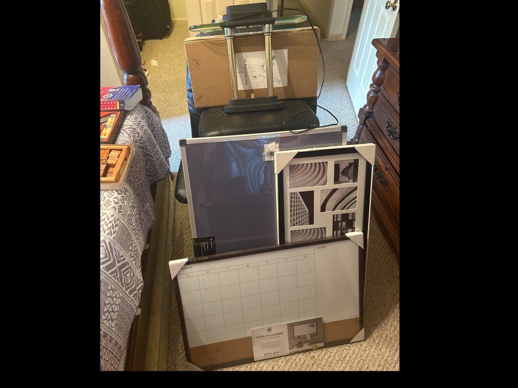 Chair and Footstool, Dry Erase Calendar, Cork Board, Etc.