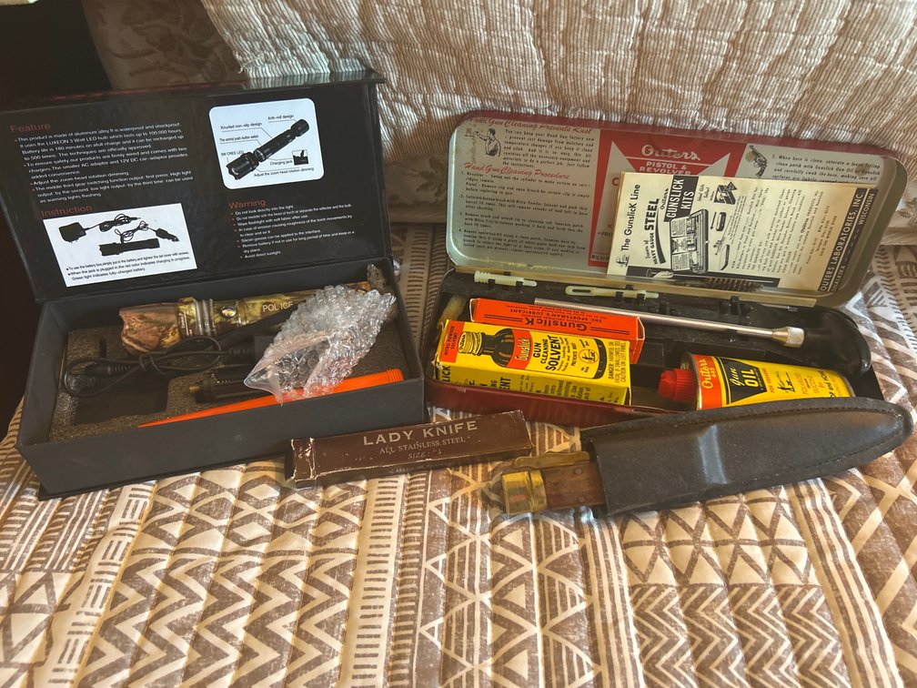 Dimming Flashlight, Knives, Gun Cleaning Kit