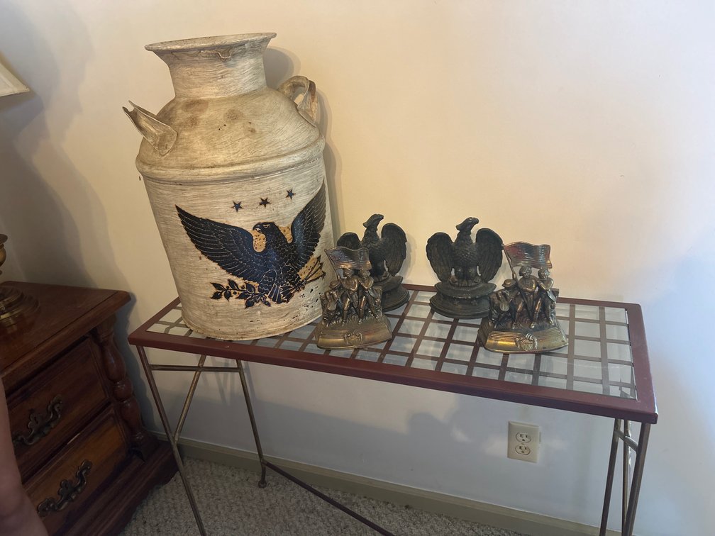 Metal Jug, Glass Top Table, Etc.