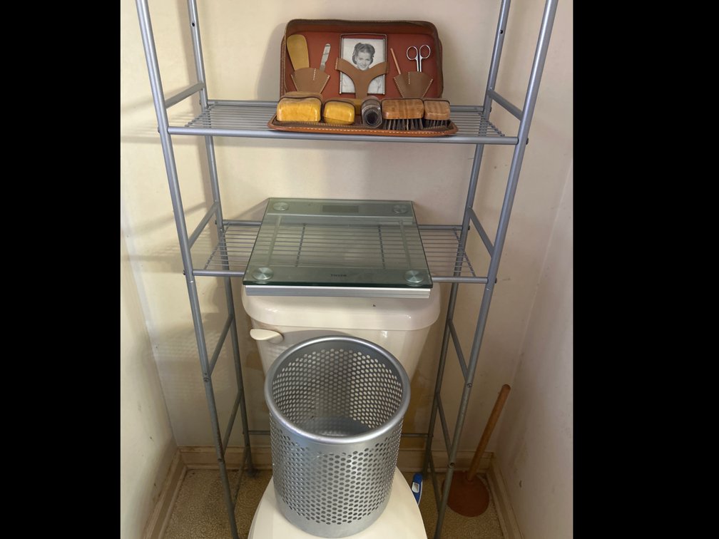 Vintage Traveling Toiletry Set, Scale, Metal Trashcan 
