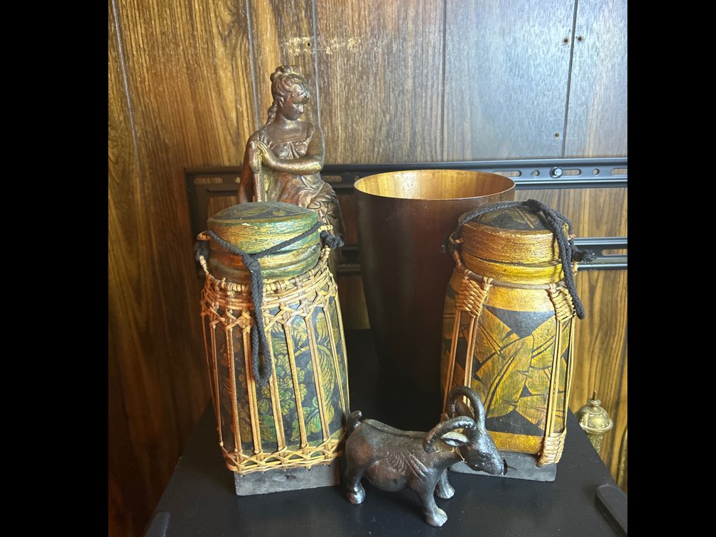 Wooden Bin, Statue, Etc. 