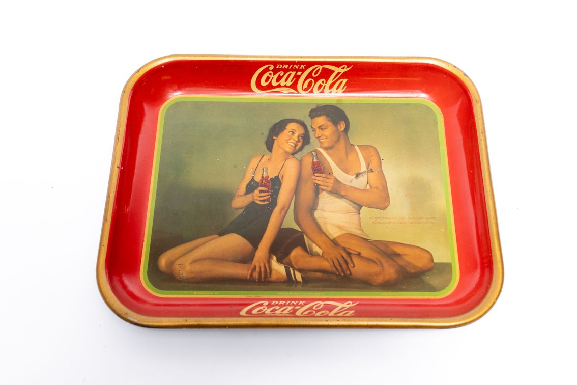 Antique Coca Cola Tray Featuring Johnny Weissmuller & Maureen O' Sullivan (Tarzan and Jane) Made in 1932, Fantastic Condition