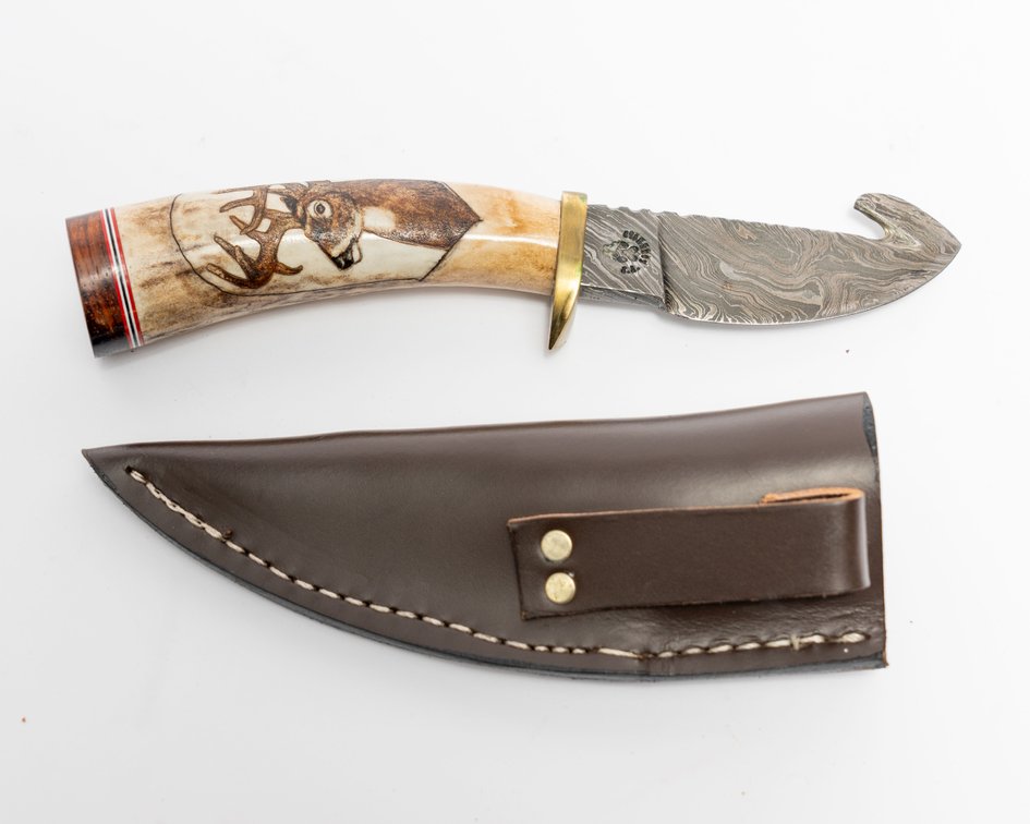 JA Lonewolf Damascus & Scrimshaw Deer Knife, New