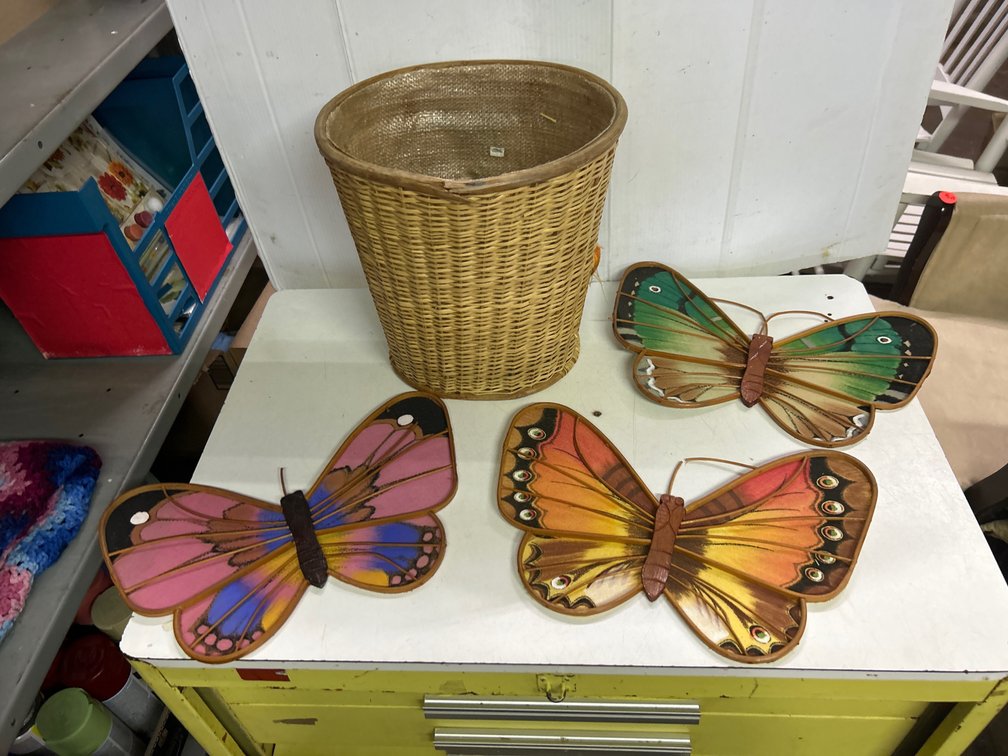 Butterfly Wall Hangings, Wicker Trashcan