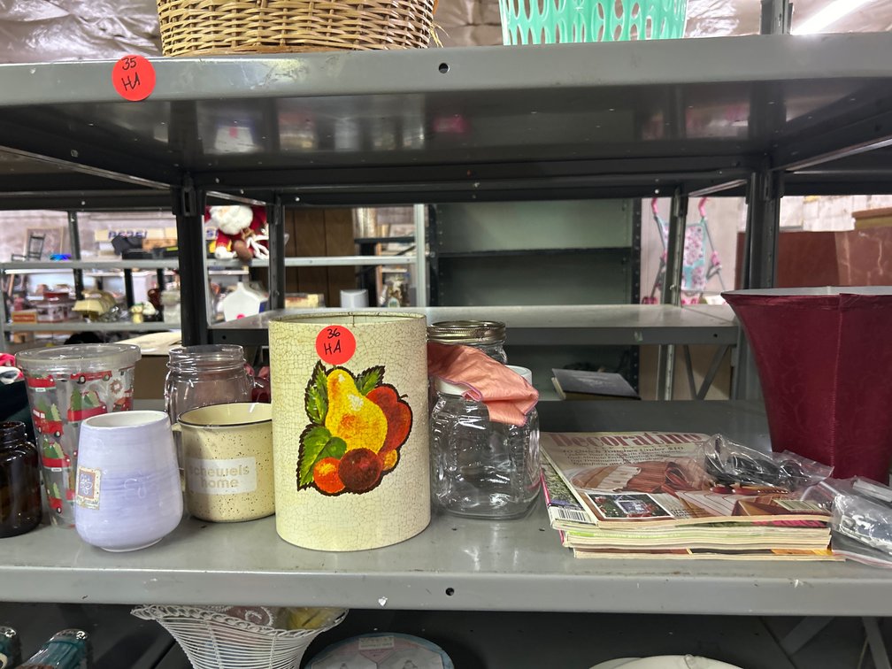 Metal Utensil Holder, Mugs, Small Lamp Shade+