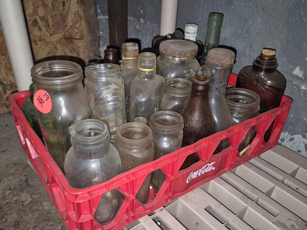 Plastic Coke crate full of vtg bottles and jars+