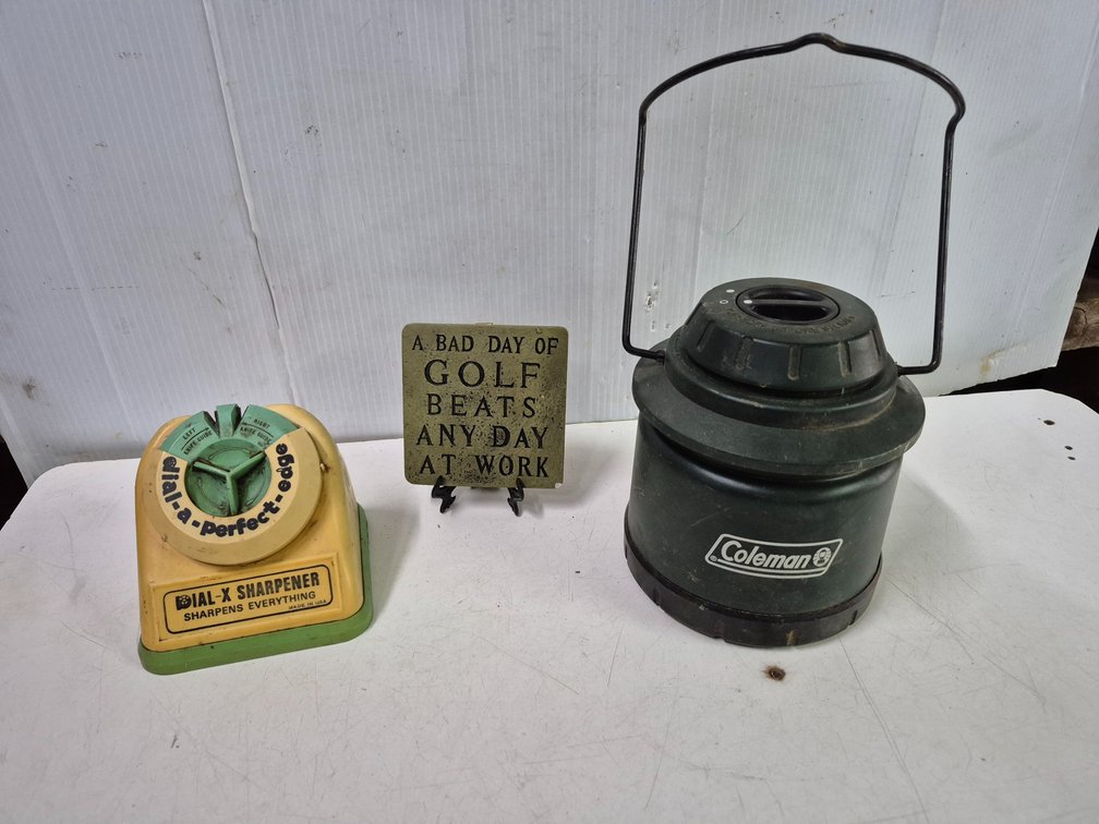 Knife sharpener, golf sign, Coleman battery lantern