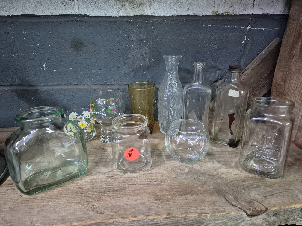 Vtg bottles, jars, glasses+