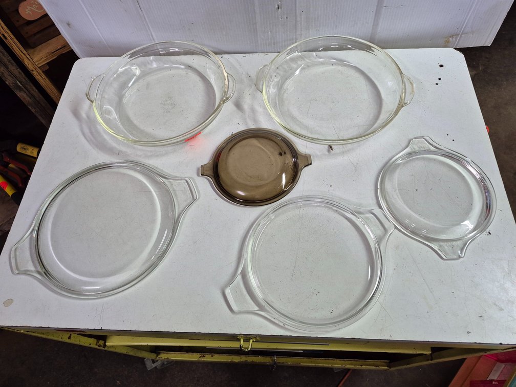 Fire King pie plates and Pyrex lids