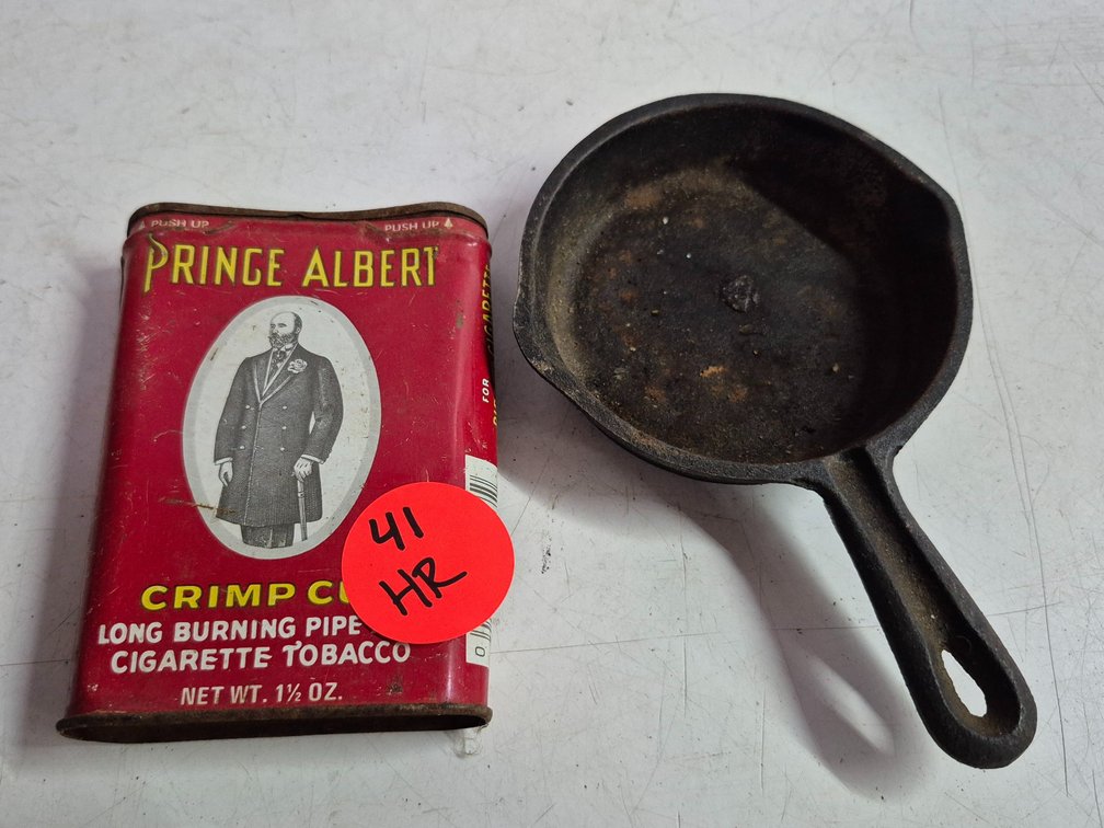 Vtg cast iron skillet ashtray and Prince Albert tobacco can