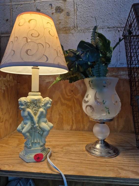 Cherub table lamp and frosted glass vase
