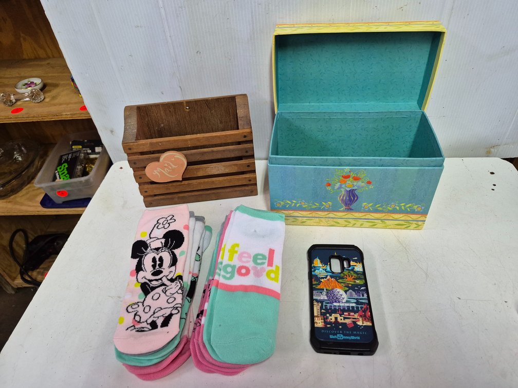 Disney socks, Phone case, mail organizer+