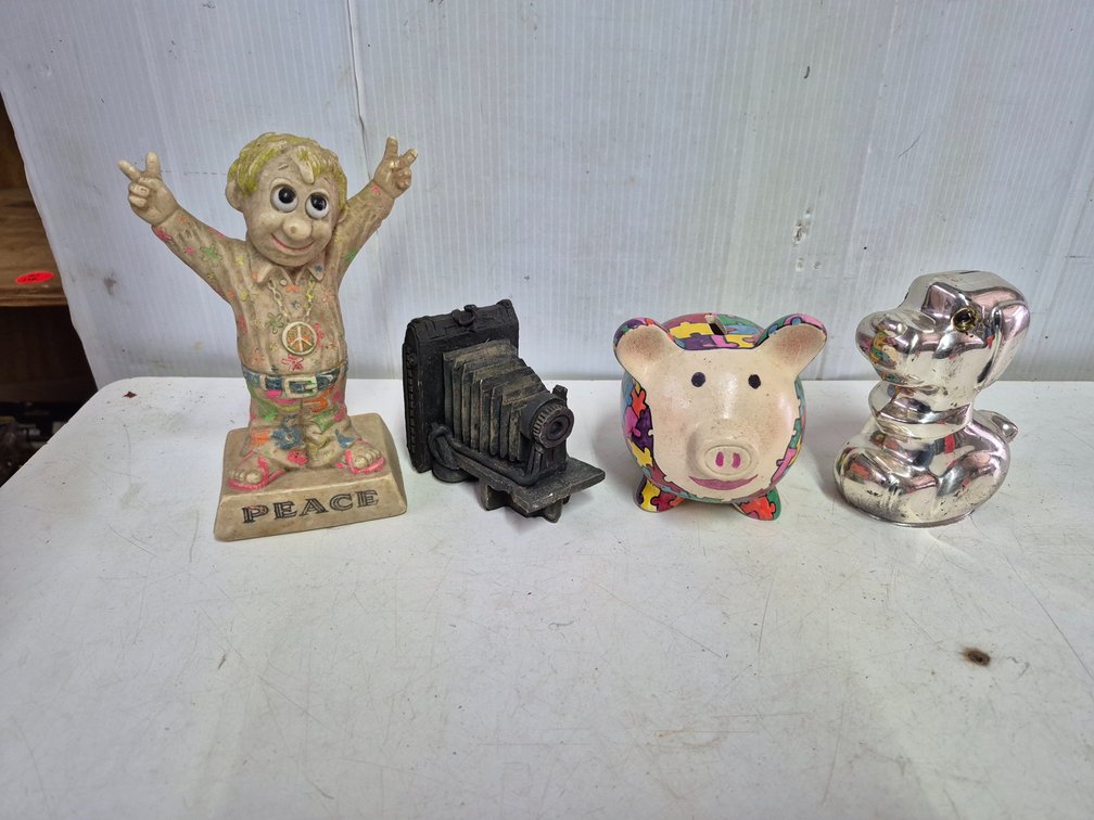 Puppy and piggy banks, resin camera and peace figurine