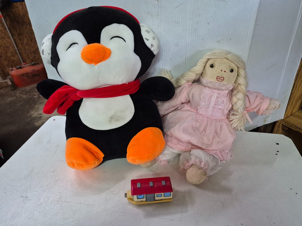 Rag doll, plush animal, train car