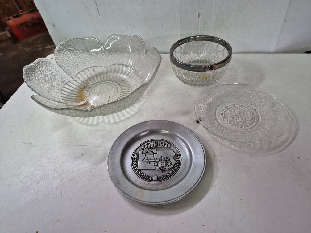 Wilton pewter Bicentennial plate, glass bowls+