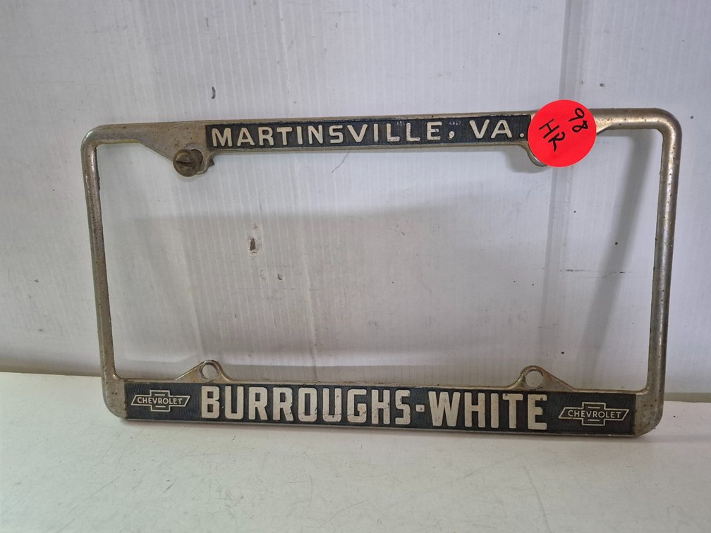 Vtg Burroughs-White Chevrolet license plate frame
