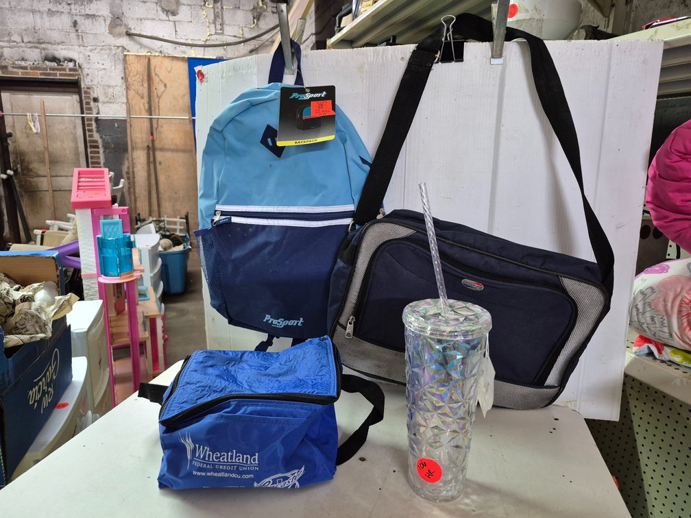 Backpack, lunch cooler bag, plastic cup+