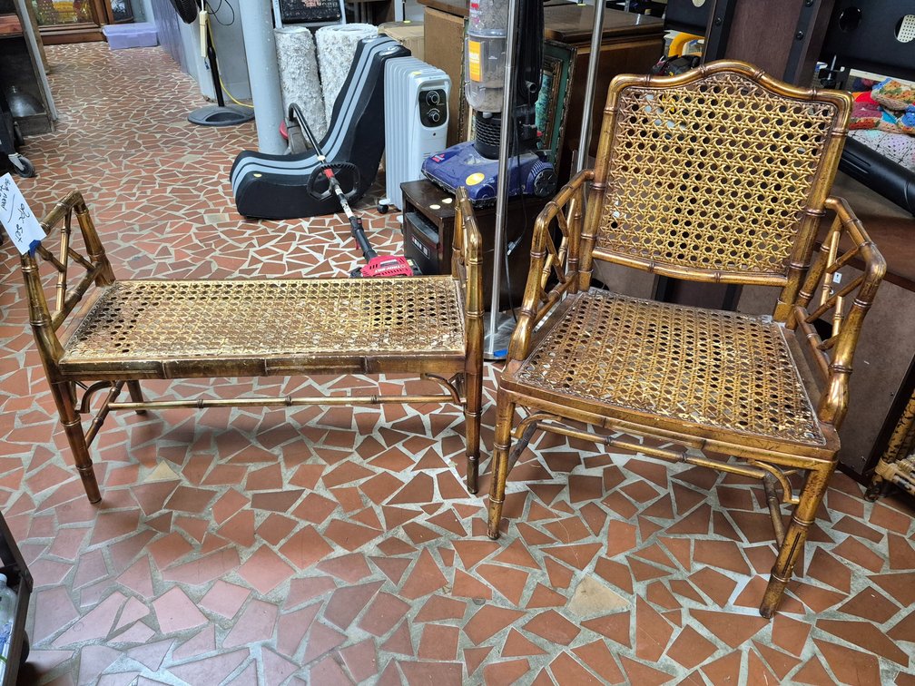 Vtg gold toned caned armchair and bench