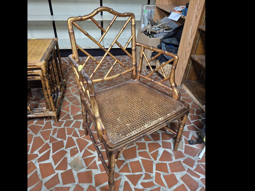 Vtg gold toned faux bamboo caned armchair