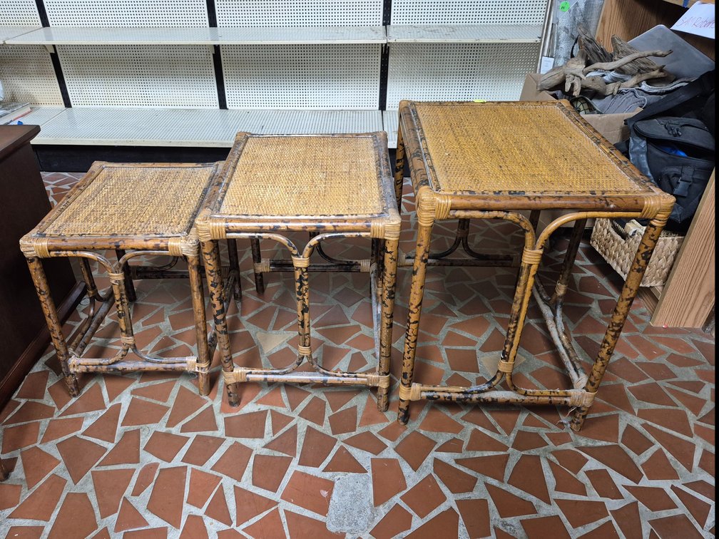 (3) mcm nesting bamboo tables with rattan caned tops